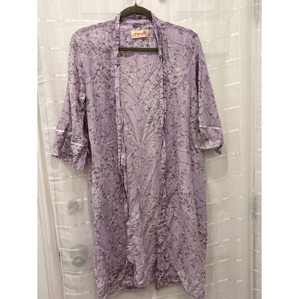 Papinelle Silk Cotton Robe Small Lilac Purple Floral Lace Trim Sleepwear Lounge